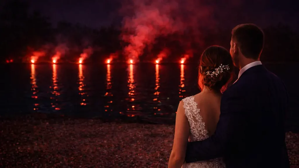 Feu de bengale mariage au bord d'un lac