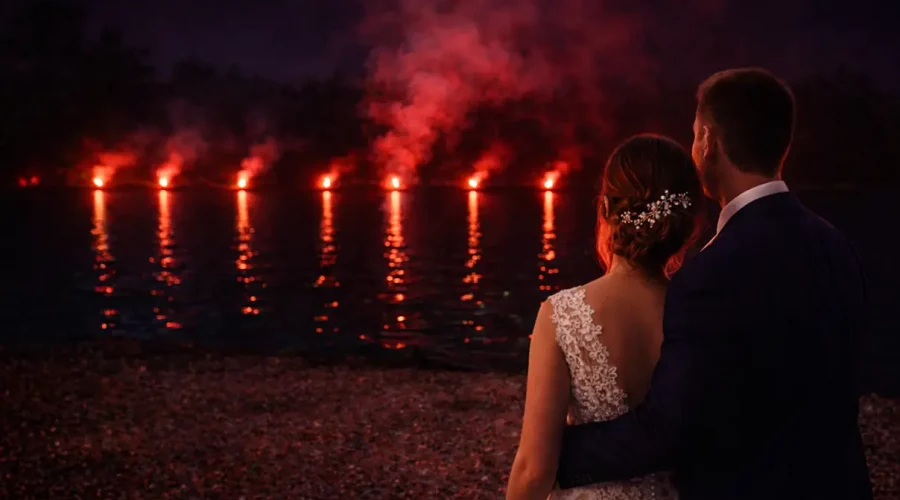 feu de bengale mariage au bord d'un lac