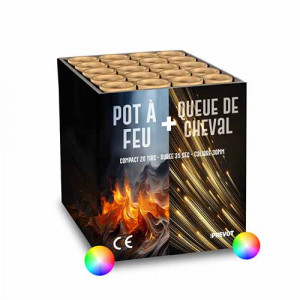 Jacques Prevot Artifices - compact 20 tirs 30 mm pot à feu multicolore et queue de cheval pointes multicolores